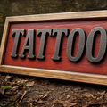 Wooden sign with 'TATTOOS' on a rustic background